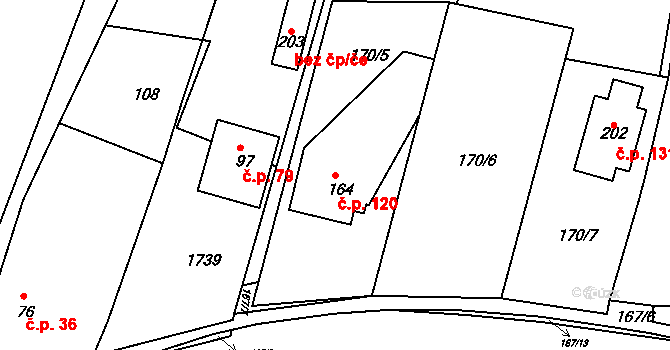Jestřabí 120 na parcele st. 164 v KÚ Jestřabí nad Vláří, Katastrální mapa
