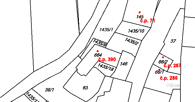 Louky 390, Zlín na parcele st. 664 v KÚ Louky nad Dřevnicí, Katastrální mapa
