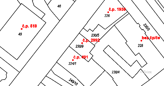 Předměstí 2992, Opava na parcele st. 230/9 v KÚ Opava-Předměstí, Katastrální mapa