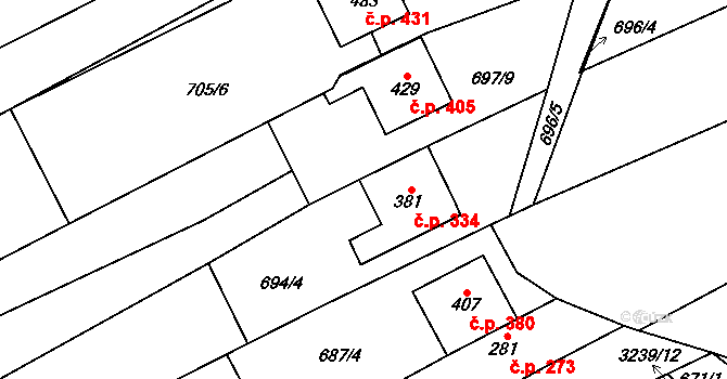 Traplice 334 na parcele st. 381 v KÚ Traplice, Katastrální mapa