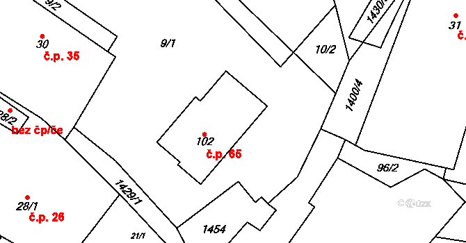 Hvozd 65 na parcele st. 102 v KÚ Hvozd u Manětína, Katastrální mapa