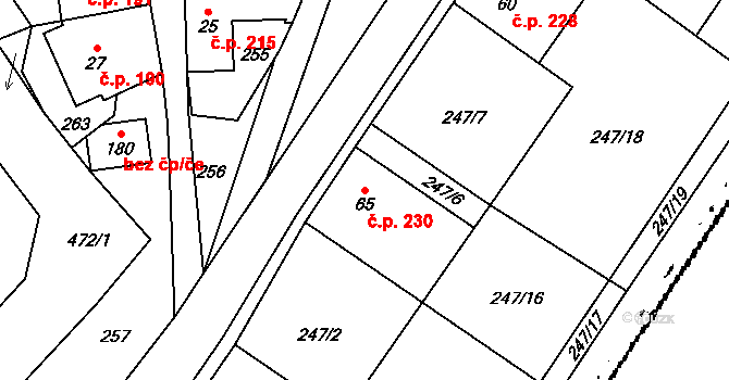 Tuchoměřice 230 na parcele st. 65 v KÚ Kněžívka, Katastrální mapa