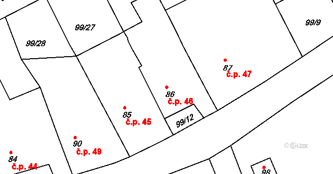 Kloušov 46, Merklín na parcele st. 86 v KÚ Kloušov, Katastrální mapa