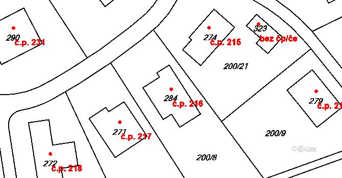 Machová 216 na parcele st. 284 v KÚ Machová, Katastrální mapa