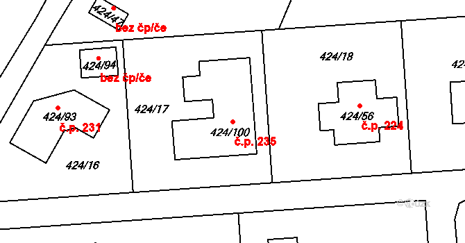 Hudcov 235, Teplice na parcele st. 424/100 v KÚ Hudcov, Katastrální mapa