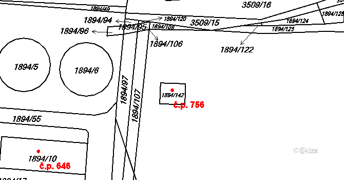 Vyškov-Předměstí 756, Vyškov na parcele st. 1894/142 v KÚ Vyškov, Katastrální mapa