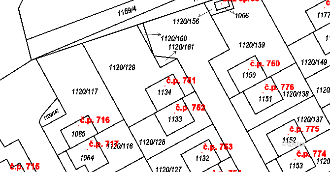 Kudlov 751, Zlín na parcele st. 1134 v KÚ Kudlov, Katastrální mapa