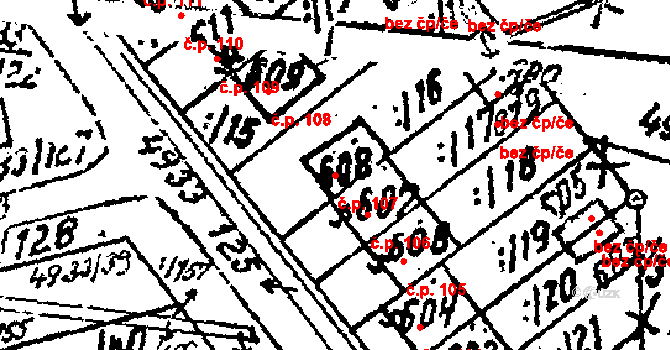 Pasohlávky 107 na parcele st. 608 v KÚ Pasohlávky, Katastrální mapa