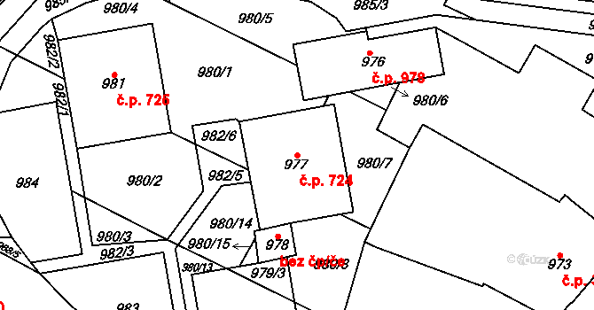 Pohořelice 724 na parcele st. 977 v KÚ Pohořelice nad Jihlavou, Katastrální mapa