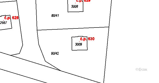 Rajchardov 630, Hradištko na parcele st. 3009 v KÚ Hradištko pod Medníkem, Katastrální mapa