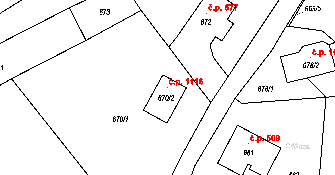 Štramberk 1116 na parcele st. 670/2 v KÚ Štramberk, Katastrální mapa