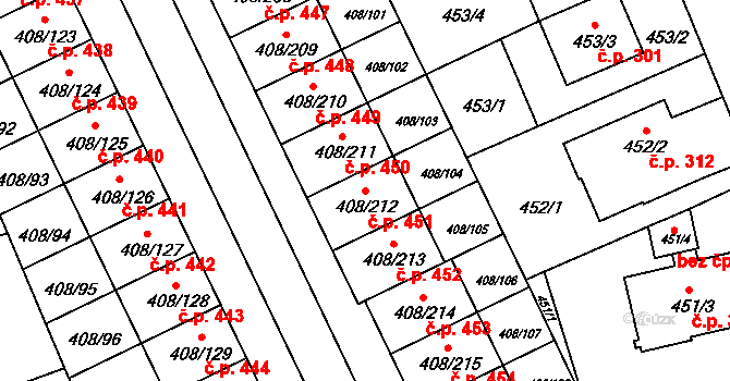 Dobšice 451 na parcele st. 408/212 v KÚ Dobšice u Znojma, Katastrální mapa