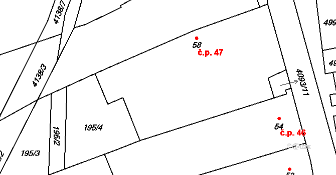 Trstěnice 47 na parcele st. 58 v KÚ Trstěnice u Moravského Krumlova, Katastrální mapa