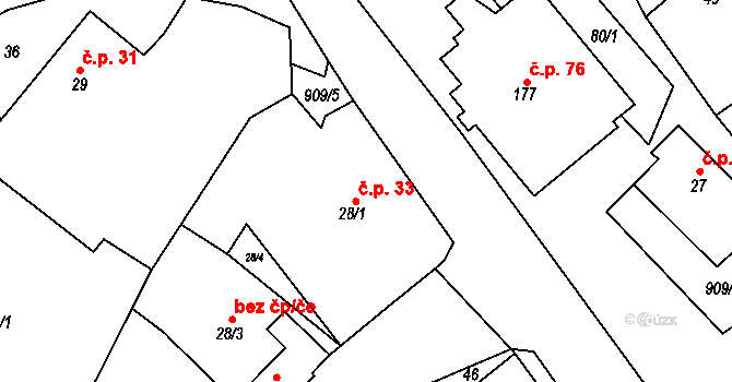 Vlastějovice 33 na parcele st. 28/1 v KÚ Vlastějovice, Katastrální mapa