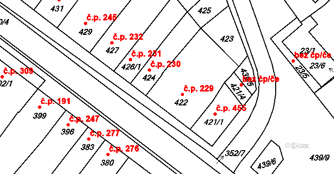 Těšany 229 na parcele st. 422 v KÚ Těšany, Katastrální mapa