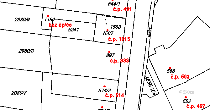 Čejkovice 333 na parcele st. 897 v KÚ Čejkovice, Katastrální mapa