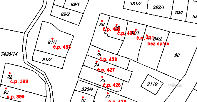 Dambořice 428 na parcele st. 75 v KÚ Dambořice, Katastrální mapa