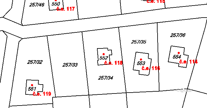Zlenice 118, Lštění na parcele st. 552 v KÚ Lštění, Katastrální mapa
