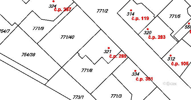 Cerhenice 285 na parcele st. 321 v KÚ Cerhenice, Katastrální mapa
