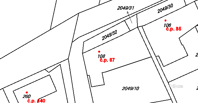 Branná 87, Třeboň na parcele st. 108/1 v KÚ Branná, Katastrální mapa