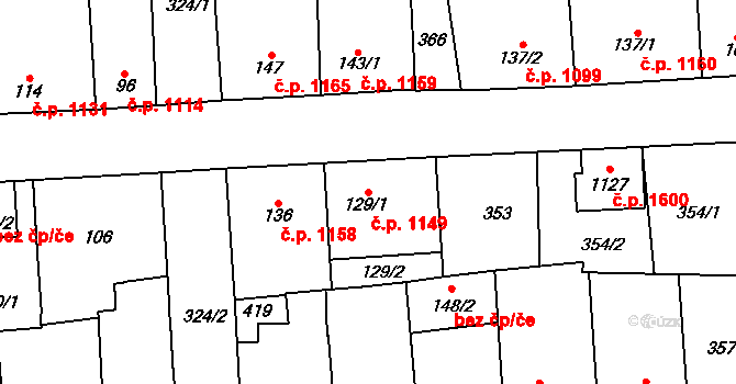 Švermov 1149, Kladno na parcele st. 129/1 v KÚ Hnidousy, Katastrální mapa