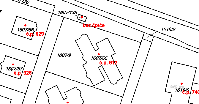 Kosmonosy 912 na parcele st. 1607/66 v KÚ Kosmonosy, Katastrální mapa