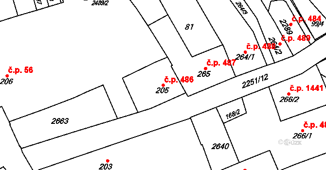 Uničov 486 na parcele st. 205 v KÚ Uničov, Katastrální mapa