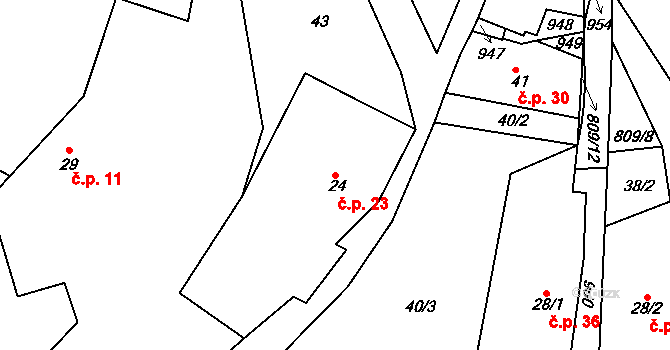 Hrabří 23, Vysoký Chlumec na parcele st. 24 v KÚ Hrabří, Katastrální mapa