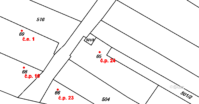 Žďáry 24, Hvozd na parcele st. 65 v KÚ Hvozd, Katastrální mapa