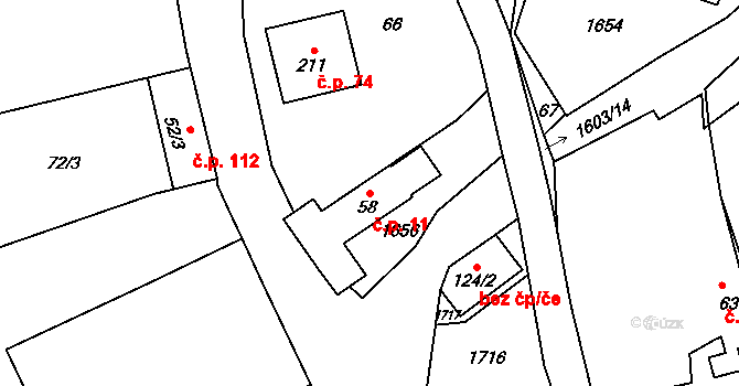 Kladeruby 11 na parcele st. 58 v KÚ Kladeruby, Katastrální mapa