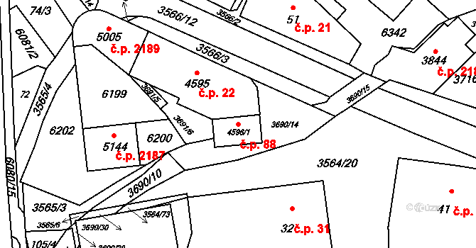 Rožnov pod Radhoštěm 88 na parcele st. 4596/1 v KÚ Rožnov pod Radhoštěm, Katastrální mapa