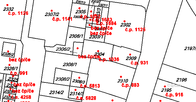 Střekov 1036, Ústí nad Labem na parcele st. 2304 v KÚ Střekov, Katastrální mapa