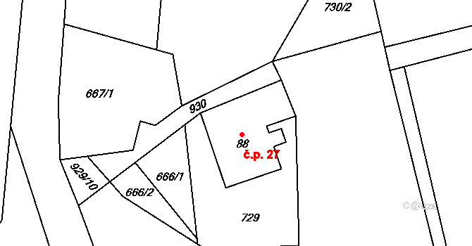 Jakubovice 27, Dolní Čermná na parcele st. 88 v KÚ Jakubovice, Katastrální mapa