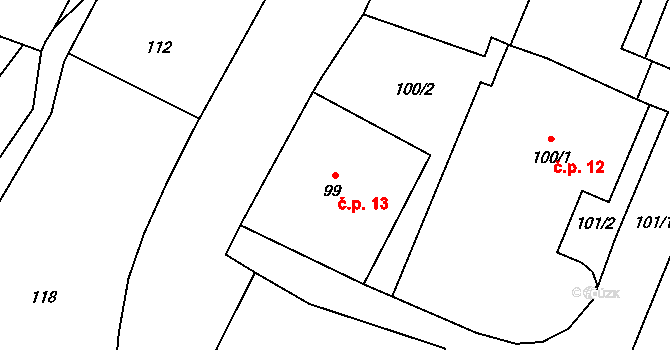 Dolní Lutyně 13 na parcele st. 99 v KÚ Dolní Lutyně, Katastrální mapa