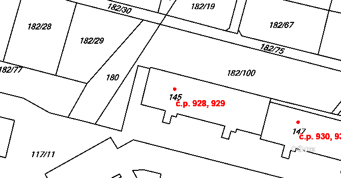 Borovina 928,929, Třebíč na parcele st. 145 v KÚ Řípov, Katastrální mapa