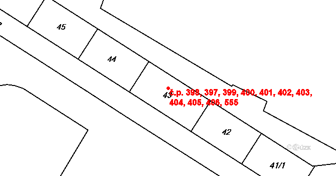 Lesná 397,398,399,400,401,, Brno na parcele st. 43 v KÚ Lesná, Katastrální mapa