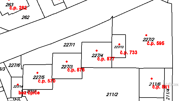 Komárov 577, Brno na parcele st. 227/4 v KÚ Komárov, Katastrální mapa