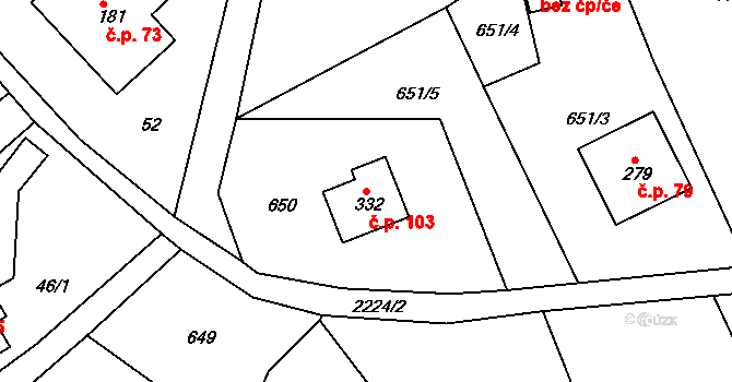 Jirkov 103, Železný Brod na parcele st. 332 v KÚ Jirkov u Železného Brodu, Katastrální mapa