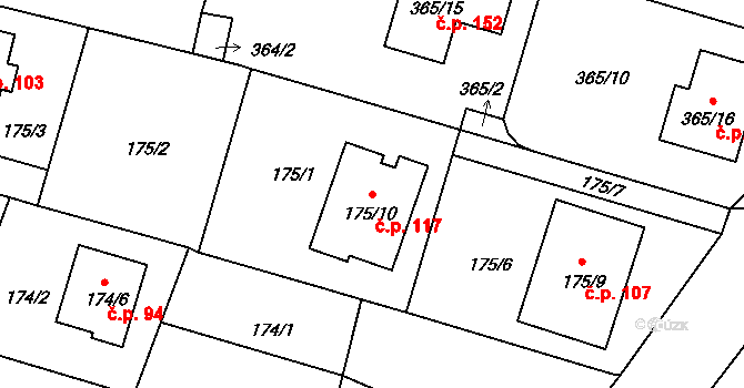 Úsilné 117 na parcele st. 175/10 v KÚ Úsilné, Katastrální mapa