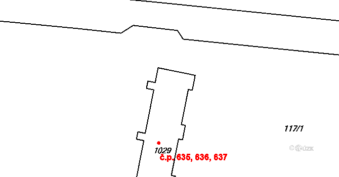 Benešov nad Ploučnicí 635,636,637 na parcele st. 1029 v KÚ Benešov nad Ploučnicí, Katastrální mapa