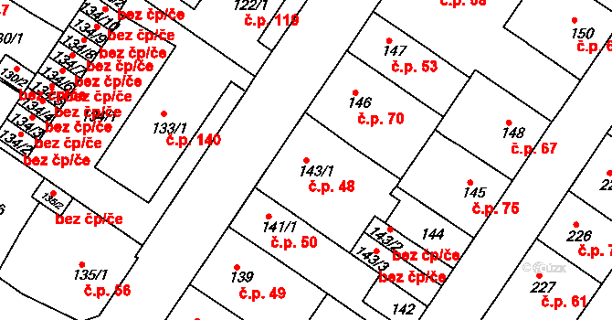 Prosetice 48, Teplice na parcele st. 143/1 v KÚ Prosetice, Katastrální mapa