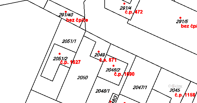 Trnovany 571, Teplice na parcele st. 2049 v KÚ Teplice-Trnovany, Katastrální mapa