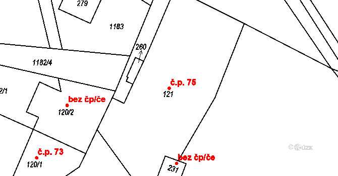 Horní Kalná 75 na parcele st. 121 v KÚ Horní Kalná, Katastrální mapa