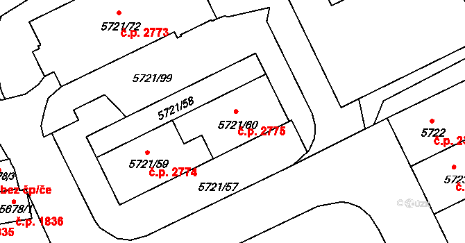 Záběhlice 2775, Praha 6 na parcele st. 5721/60 v KÚ Záběhlice, Katastrální mapa