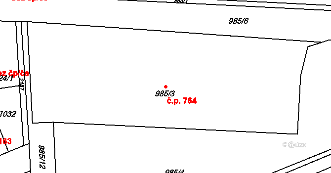 Ruzyně 764, Praha na parcele st. 985/3 v KÚ Ruzyně, Katastrální mapa