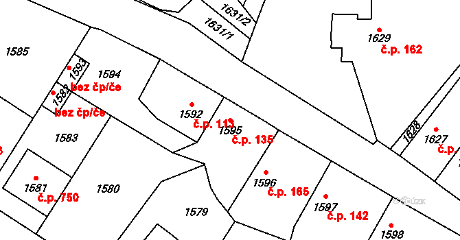Zdice 135 na parcele st. 1595/1 v KÚ Zdice, Katastrální mapa