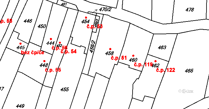 Kovalovice 51 na parcele st. 458 v KÚ Kovalovice, Katastrální mapa