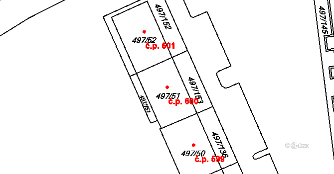 Ráj 600, Karviná na parcele st. 497/51 v KÚ Ráj, Katastrální mapa