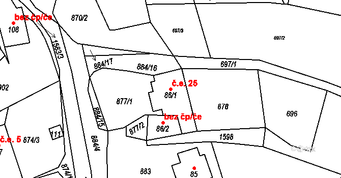 Třebín 25, Úštěk na parcele st. 86/1 v KÚ Brusov, Katastrální mapa