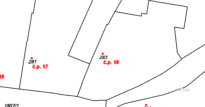 Černice 18, Plzeň na parcele st. 283 v KÚ Černice, Katastrální mapa
